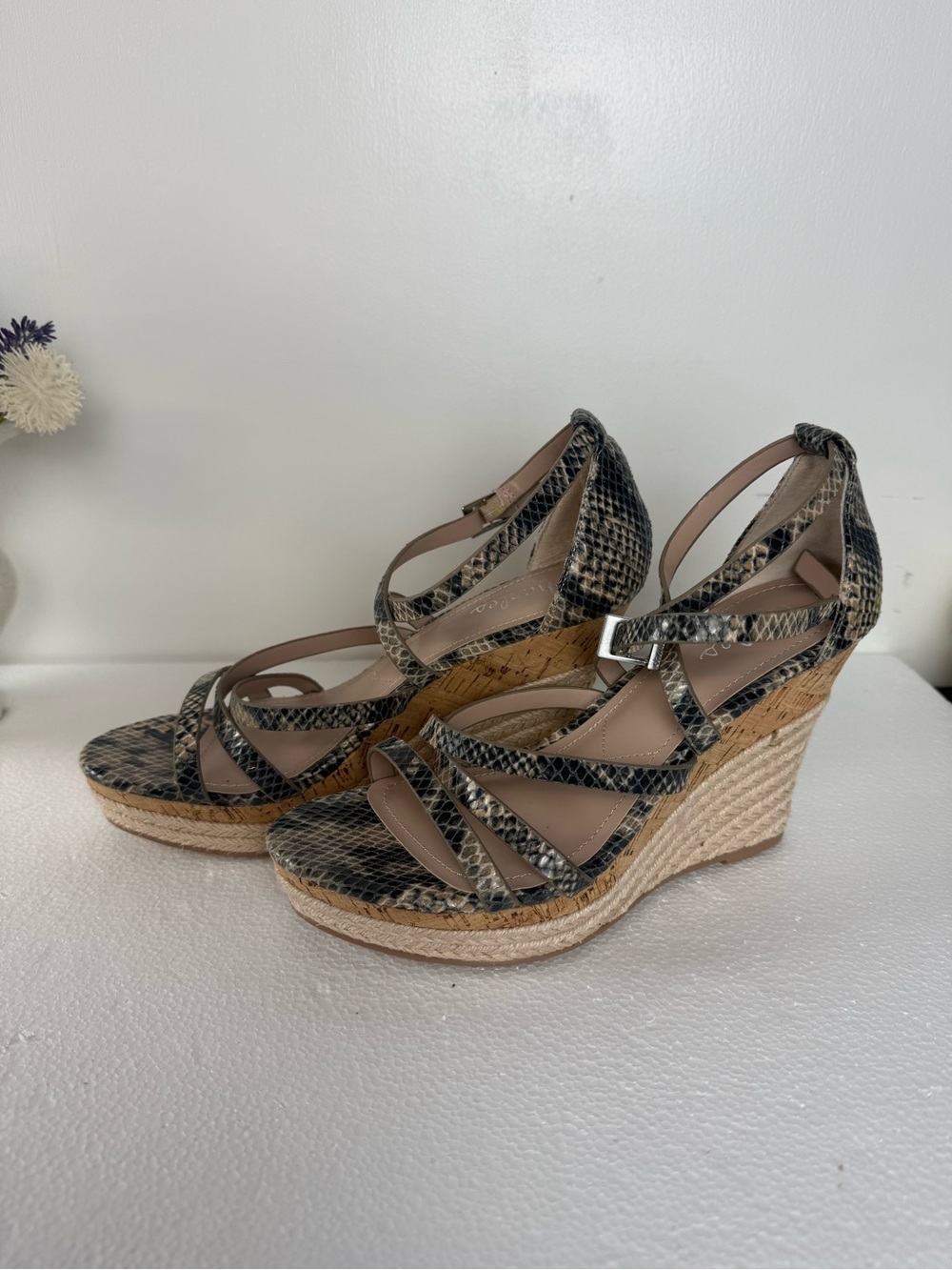 Charles David Black and Cream Snake-Print Espadrille Wedge Sandals
